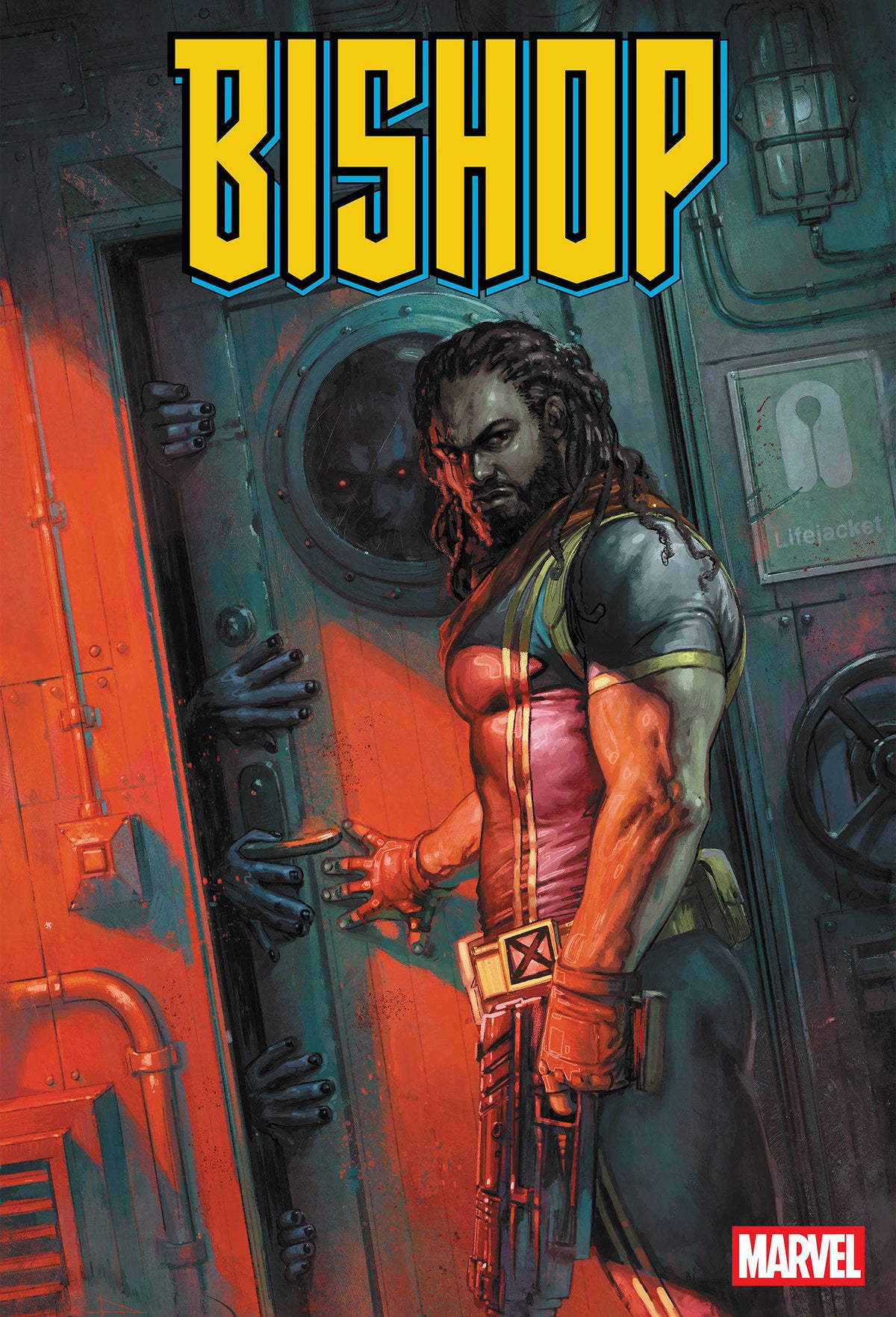 Comic book cover featuring a character named 'Bishop' with a sci-fi background.