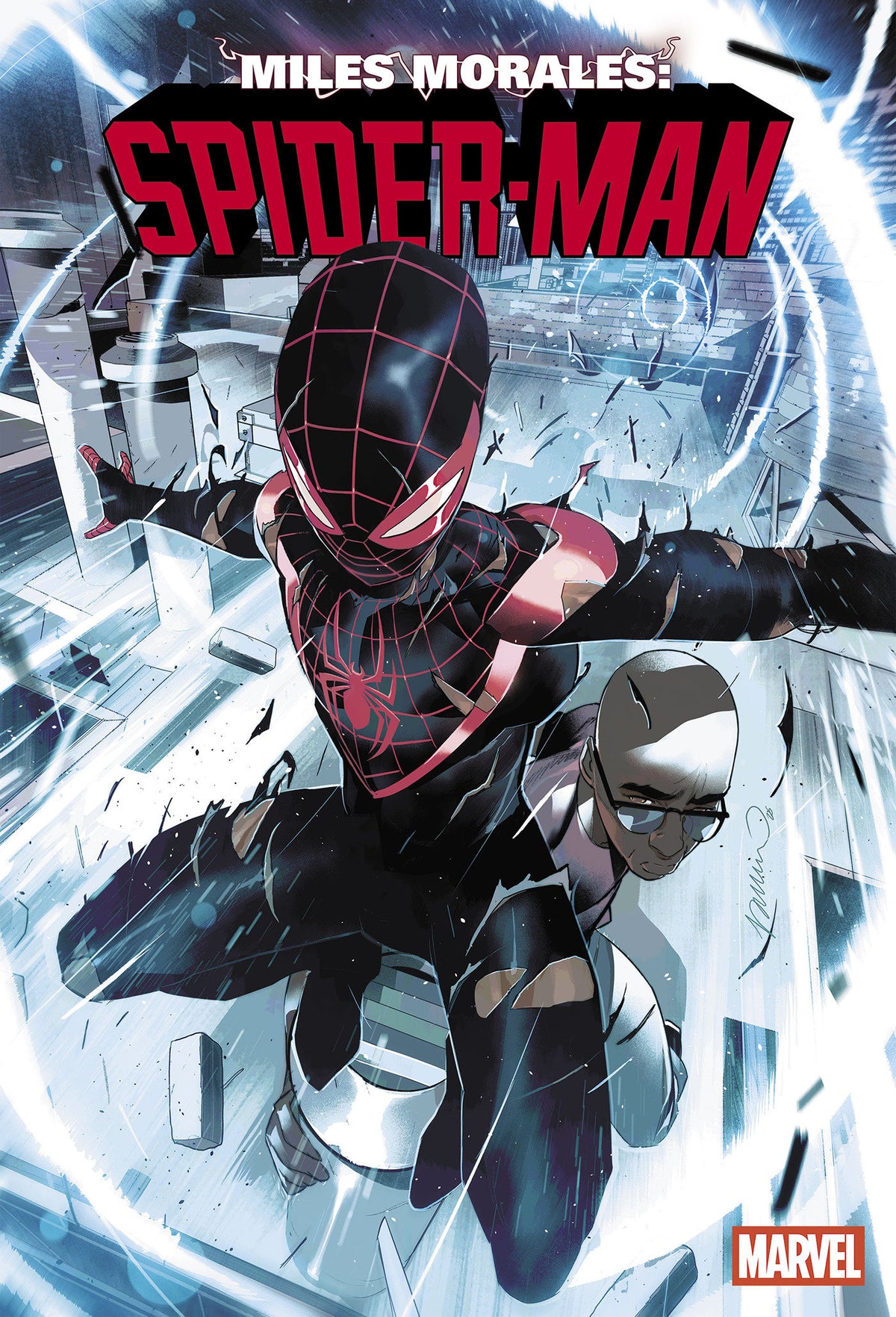 Comic book cover for Miles Morales: Spider-Man, featuring Miles Morales in his black and red spider-suit swinging forward through a futuristic city scene, with a smaller character in the background and the Marvel logo in the bottom right corner.