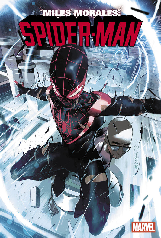 Comic book cover for Miles Morales: Spider-Man, featuring Miles Morales in his black and red spider-suit swinging forward through a futuristic city scene, with a smaller character in the background and the Marvel logo in the bottom right corner.